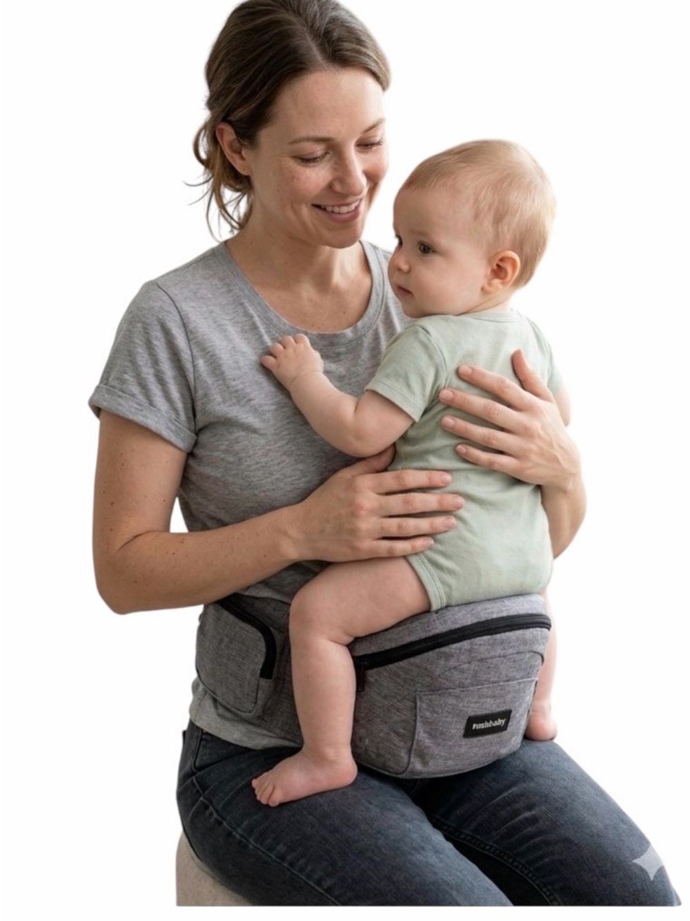 TushBaby Adjustable Grey Baby Hip Seat Carrier - Comfortable Hands-Free Support